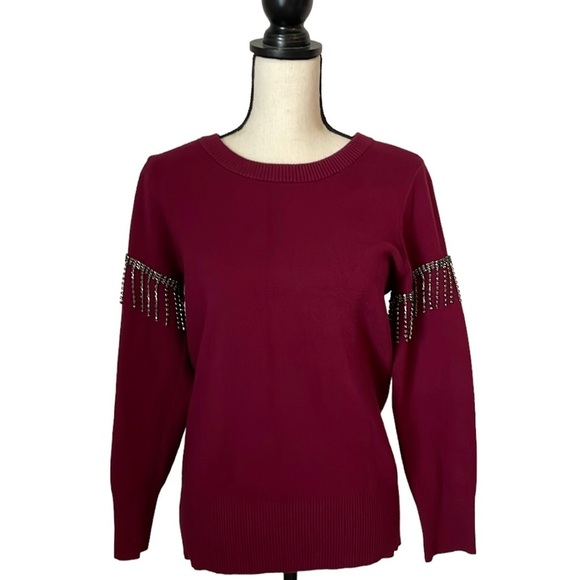 AlFANI Sweater SZ S Soft Scoop Neck Maroon in Color Jewel Accents on Arms - Picture 2 of 13